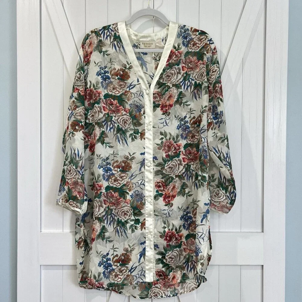 Victoria's Secret Vintage 90s Long Sleeve Dark Floral Opaque Kimono Robe Small - Picture 7 of 7